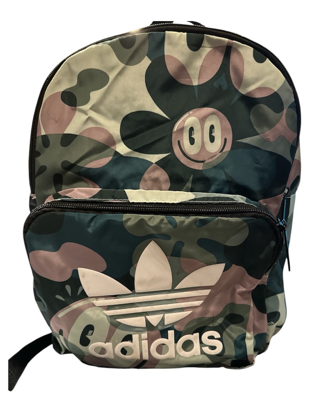 adidas Camo Smiley Trefoil Backpack in Green and Pink - Hattie Stewart